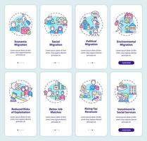 Legal migration onboarding mobile app screen set. Relocation abroad walkthrough 4 steps graphic instructions pages with linear concepts. UI, UX, GUI template. Myriad Pro-Bold, Regular fonts used vector