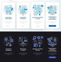 Pantalla de la aplicación móvil de incorporación de modo día y noche de habilidades blandas. Guía de contratación de páginas de instrucciones gráficas de 4 pasos con conceptos lineales. interfaz de usuario, ux, plantilla de interfaz gráfica de usuario. innumerables fuentes pro-negrita y regulares utilizadas vector