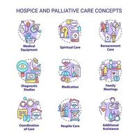 Hospice and palliative care concept icons set. Patient service. Medicine and healthcare idea thin line color illustrations. Isolated symbols. Roboto-Medium, Myriad Pro-Bold fonts used vector