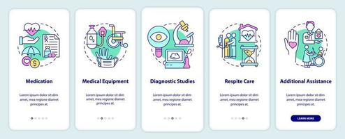 servicios de cuidados paliativos que se incorporan a la pantalla de la aplicación móvil. tutorial de medicina 5 pasos páginas de instrucciones gráficas con conceptos lineales. interfaz de usuario, ux, plantilla de interfaz gráfica de usuario. innumerables fuentes pro-negrita y regulares utilizadas vector