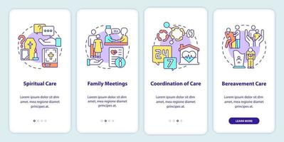 Hospice care onboarding mobile app screen. Medical service walkthrough 4 steps graphic instructions pages with linear concepts. UI, UX, GUI template. Myriad Pro-Bold, Regular fonts used vector