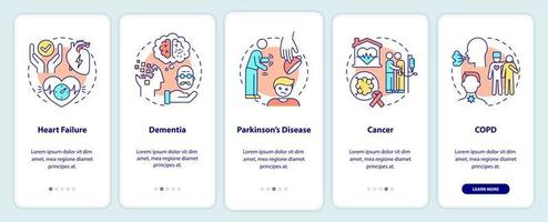 Illnesses to ask for palliative care onboarding mobile app screen. Help walkthrough 5 steps graphic instructions pages with linear concepts. UI, UX, GUI template. Myriad Pro-Bold, Regular fonts used