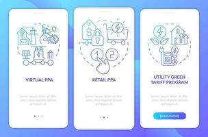 PPA type blue gradient onboarding mobile app screen. Contract definitions walkthrough 3 steps graphic instructions pages with linear concepts. UI, UX, GUI template. Myriad Pro-Bold, Regular fonts used vector