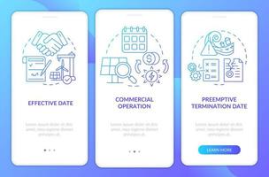 Contract timeline of PPA blue gradient onboarding mobile app screen. Walkthrough 3 steps graphic instructions pages with linear concepts. UI, UX, GUI template. Myriad Pro-Bold, Regular fonts used vector