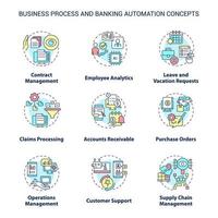 Business process and banking automation concept icons set. Autonomous operations idea thin line color illustrations. Isolated symbols. Editable stroke. Roboto-Medium, Myriad Pro-Bold fonts used.. vector