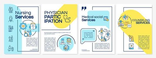 Hospice care includes blue and yellow brochure template. Medical help. Leaflet design with linear icons. 4 vector layouts for presentation, annual reports. Questrial-Regular, Lato-Regular fonts used