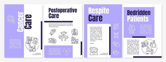Hospice services purple brochure template. Caregiving for patients. Leaflet design with linear icons. 4 vector layouts for presentation, annual reports. Anton-Regular, Lato-Regular fonts used