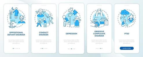 Childhood mental disorders blue onboarding mobile app screen. Walkthrough 5 steps graphic instructions pages with linear concepts. UI, UX, GUI template. Myriad Pro-Bold, Regular fonts used vector