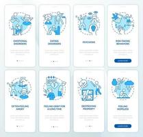 problemas de comportamiento de los adolescentes conjunto de pantalla de aplicación móvil de incorporación azul. tutorial 4 pasos páginas de instrucciones gráficas con conceptos lineales. interfaz de usuario, ux, plantilla de interfaz gráfica de usuario. innumerables fuentes pro-negrita y regulares utilizadas vector