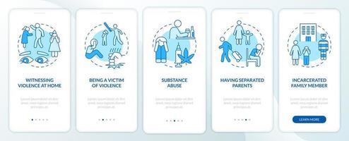 Survivors of childhood trauma blue onboarding mobile app screen. Walkthrough 5 steps graphic instructions pages with linear concepts. UI, UX, GUI template. Myriad Pro-Bold, Regular fonts used vector