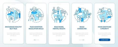 Raising mentally strong child blue onboarding mobile app screen. Walkthrough 5 steps graphic instructions pages with linear concepts. UI, UX, GUI template. Myriad Pro-Bold, Regular fonts used vector