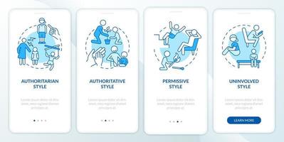 Parent involvement in child wellbeing blue onboarding mobile app screen. Walkthrough 4 steps graphic instructions pages with linear concepts. UI, UX, GUI template. Myriad Pro-Bold, Regular fonts used vector