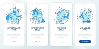 participación de los padres en el bienestar infantil pantalla azul de la aplicación móvil de incorporación. tutorial 4 pasos páginas de instrucciones gráficas con conceptos lineales. interfaz de usuario, ux, plantilla de interfaz gráfica de usuario. innumerables fuentes pro-negrita y regulares utilizadas vector