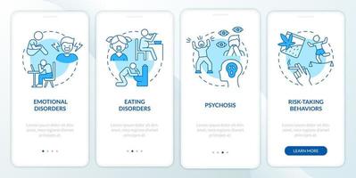 Common teen disorders blue onboarding mobile app screen. Psychosis walkthrough 4 steps graphic instructions pages with linear concepts. UI, UX, GUI template. Myriad Pro-Bold, Regular fonts used vector