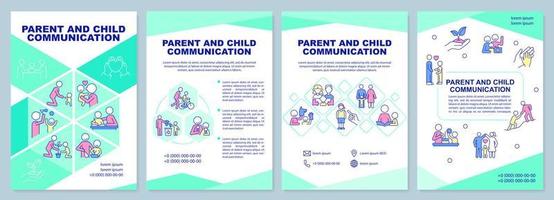 Parent and child communication green brochure template. Kid development. Leaflet design with linear icons. 4 vector layouts for presentation, annual reports. Arial-Black, Myriad Pro-Regular fonts used