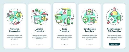 pantalla de aplicación móvil de incorporación de banca automatizada. tutorial de operaciones autónomas páginas de instrucciones gráficas de 5 pasos con conceptos lineales. interfaz de usuario, ux, plantilla de interfaz gráfica de usuario. innumerables fuentes pro-negrita y regulares utilizadas vector