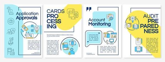 Banking automation functions blue and yellow brochure template. Leaflet design with linear icons. 4 vector layouts for presentation, annual reports. Questrial, Lato-Regular fonts used