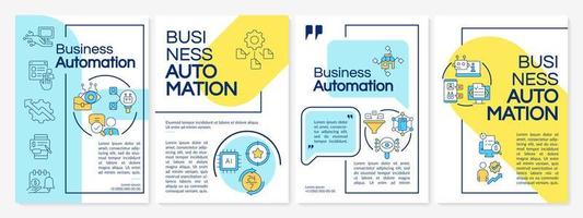 Business automation blue and yellow brochure template. Autonomous operations. Leaflet design with linear icons. 4 vector layouts for presentation, annual reports. Questrial, Lato-Regular fonts used