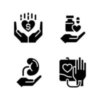 Donation to healthcare organizations black glyph icons set on white space. Donated organs and tissues. Safe medication disposal. Silhouette symbols. Solid pictogram pack. Vector isolated illustration