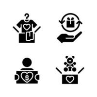 Donating used goods black glyph icons set on white space. Second hand clothes. Charitable group. Send stuffed toys to orphanage. Silhouette symbols. Solid pictogram pack. Vector isolated illustration