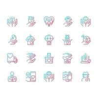 Donation opportunities gradient linear vector icons set. Giving items away for free. Charitable organization. Thin line contour symbol designs bundle. Isolated outline illustrations collection