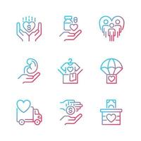 Volunteer opportunities gradient linear vector icons set. Monetary donation. Social responsibility. Humanitarian aid. Thin line contour symbol designs bundle. Isolated outline illustrations collection