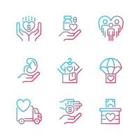 Volunteer opportunities gradient linear vector icons set. Monetary donation. Social responsibility. Humanitarian aid. Thin line contour symbol designs bundle. Isolated outline illustrations collection