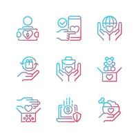 Donating to multiple charities gradient linear vector icons set. Fundraising event. Charitable organization. Thin line contour symbol designs bundle. Isolated outline illustrations collection