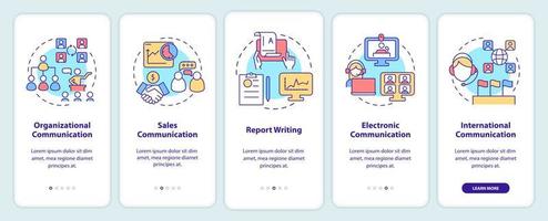 Business communication forms onboarding mobile app screen. Report writing walkthrough 5 steps graphic instructions pages with linear concepts. UI, UX, GUI template. Myriad Pro-Bold, Regular fonts used vector