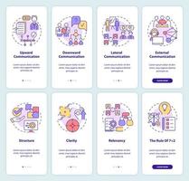 Effective business communication onboarding mobile app screen set. Walkthrough 4 steps graphic instructions pages with linear concepts. UI, UX, GUI template. Myriad Pro-Bold, Regular fonts used vector