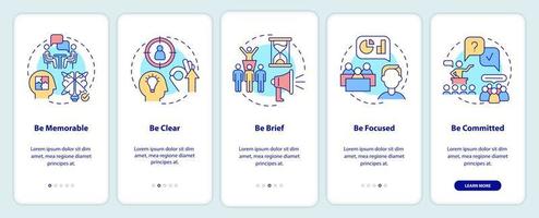 reglas de comunicación empresarial que incorporan la pantalla de la aplicación móvil. ser memorable tutorial 5 pasos páginas de instrucciones gráficas con conceptos lineales. interfaz de usuario, ux, plantilla de interfaz gráfica de usuario. innumerables fuentes pro-negrita y regulares utilizadas vector