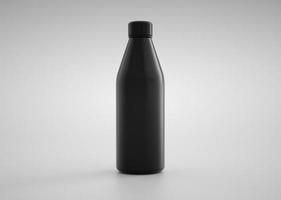 Black-matte, empty stainless thermo water bottle close-up on white background. 3D rendering photo