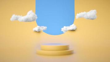Yellow podium with cloud on yellow background with blue sky. Product display stand. 3d rendering. photo