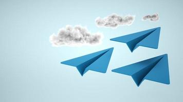 3D cartoon paper airplanes with realistic clouds. Paper plane in sky. Send email or message concept photo
