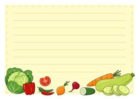 Handout of blank recipe book sheet with frame and cartoon style vegetables vector