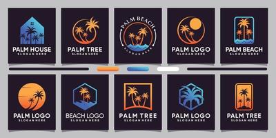 Set of palm logo design template with negative space concept and linear style Premium Vector
