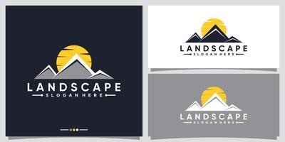 montaña colina con puesta de sol amanecer paisaje vista logotipo diseño plantilla vector premium