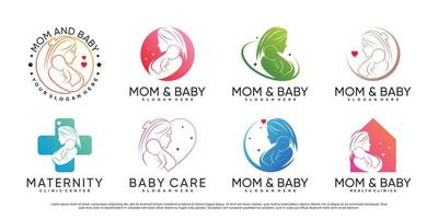 Mom and baby icon set logo design template with creative element Premium Vector