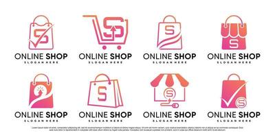 Online shop icon set logo template with creative element Premium Vector