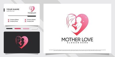 Mother and baby logo with heart or love concept and business card design Premium Vector