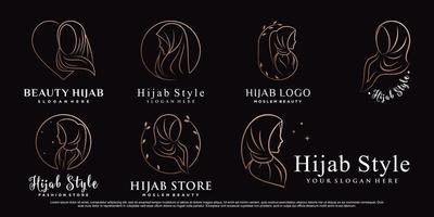 conjunto de plantillas de diseño de logotipo hijab con estilo de arte lineal y vector premium de elemento creativo