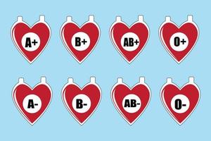 Blood type in the form of a blood bag with a heart image. Vector illustration of different blood groups. Blood test.