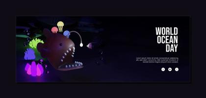 World Ocean Day Banner Template With Angler Fish 3D Illustration vector