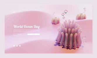 plantilla de página web del día mundial del océano con ilustración 3d de anémona vector