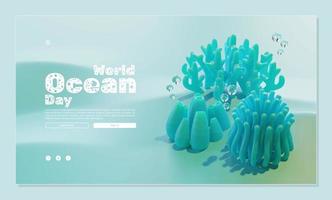 plantilla de página web del día mundial del océano con ilustración 3d de arrecife de coral vector