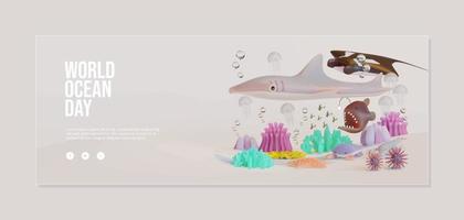 plantilla de banner del día mundial del océano con composición de animales marinos ilustración 3d vector
