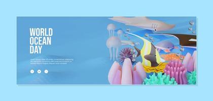 plantilla de banner del día mundial del océano con ilustración 3d de ídolo moro vector
