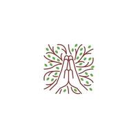 rezar por la naturaleza, mano doblada rezando con hoja de árbol, ramita, raíz. plantilla de logotipo de icono de vector