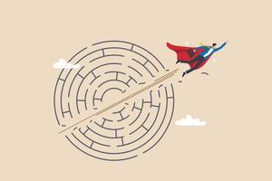 Breakthrough obstacle or problem with creativity, leadership determination to overcome difficulty and progress to success concept, businessman superhero flying breakthrough difficult maze labyrinth. vector