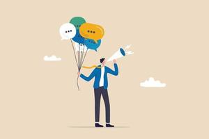 Communication or PR, Public Relations manager to communicate company information and media, announce sales or promotion concept, businessman holding speech bubble balloons while talking on megaphone. vector